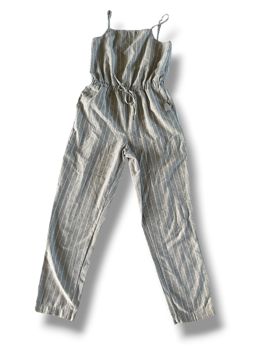 [CISONO] Tan and White Pinstripe Jumpsuit